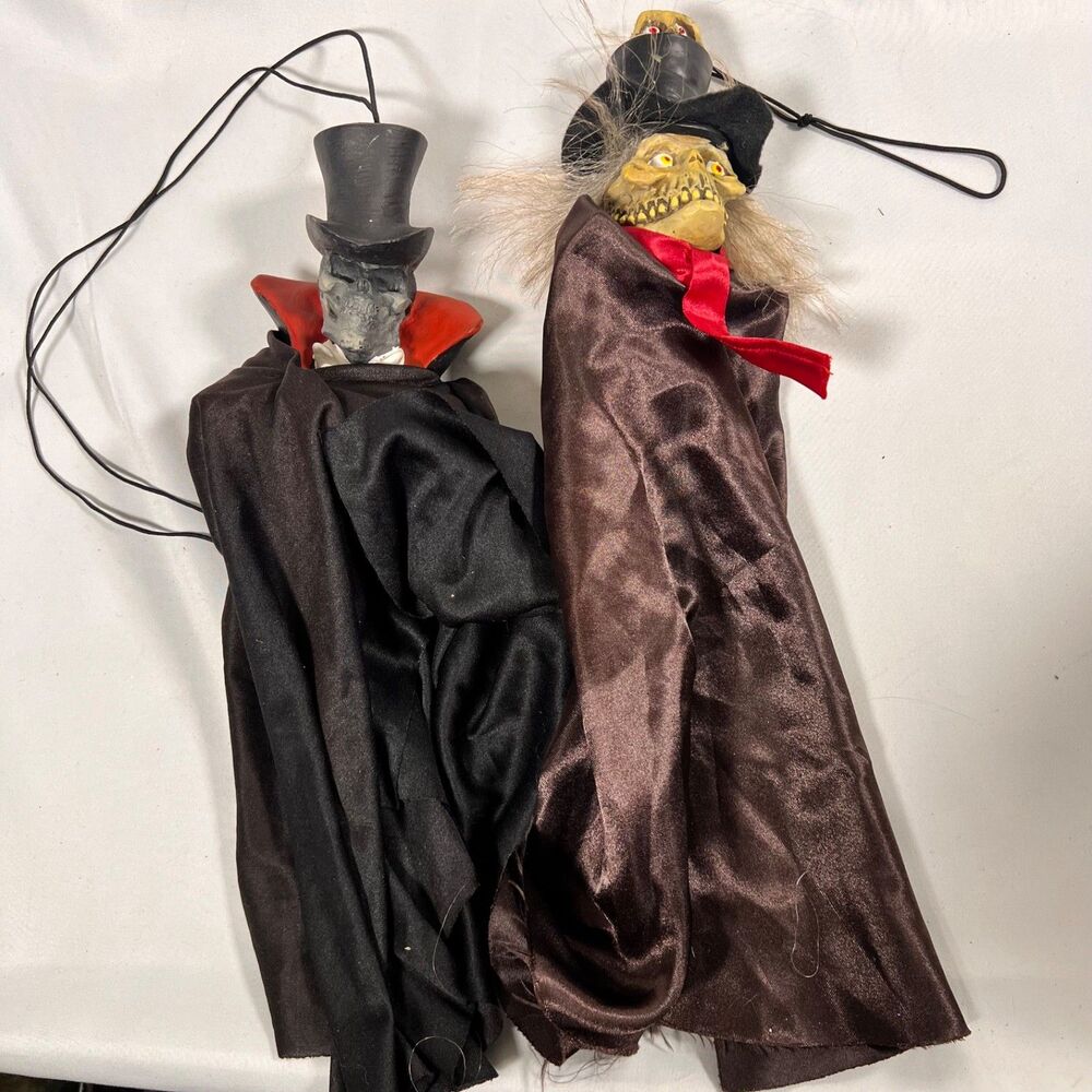 2 VTG Halloween 14” Hanging Skeleton Skull Top Hat Ghost Crypt Keeper Monsters